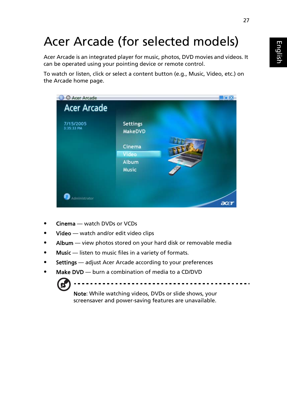 Acer arcade (for selected models) | Acer Aspire 1640 User Manual | Page 37 / 80