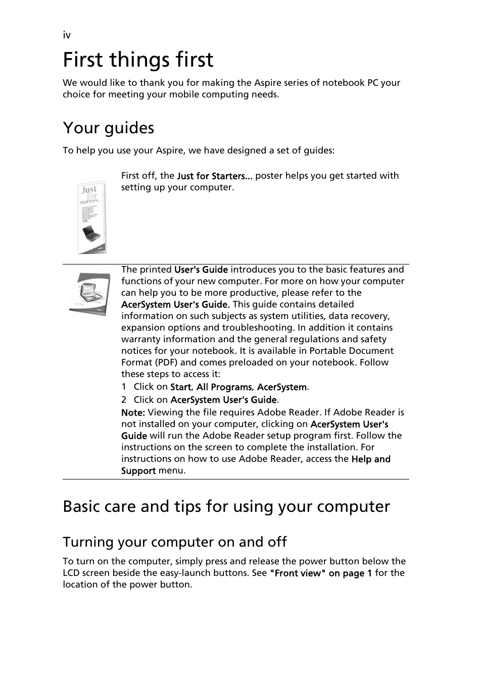 First things first, Your guides, Basic care and tips for using your computer | Acer Aspire 1640 User Manual | Page 4 / 80