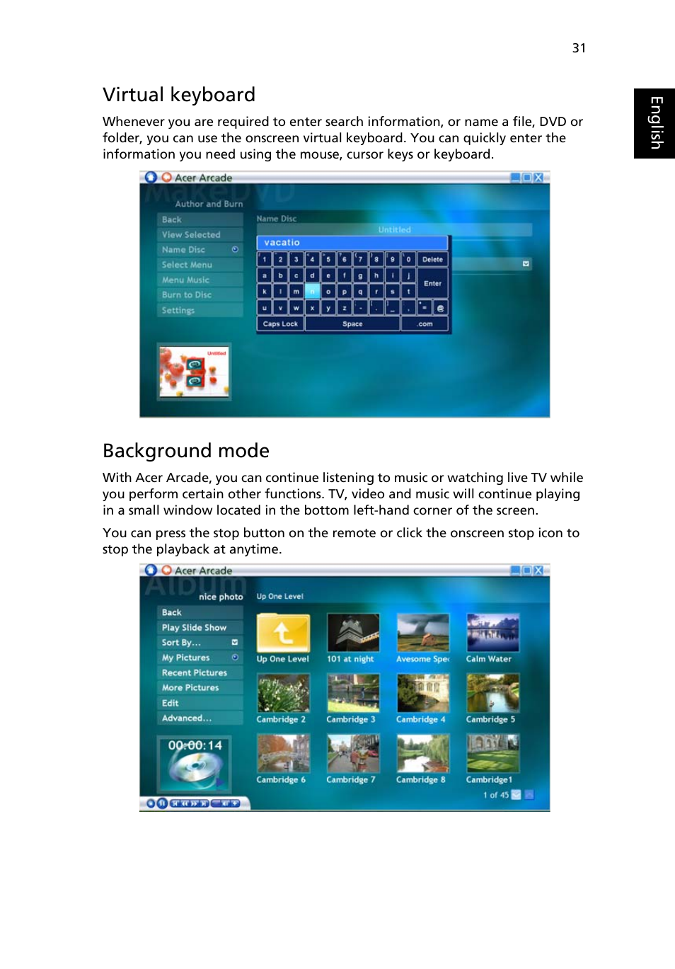 Virtual keyboard, Background mode | Acer Aspire 1640 User Manual | Page 41 / 80