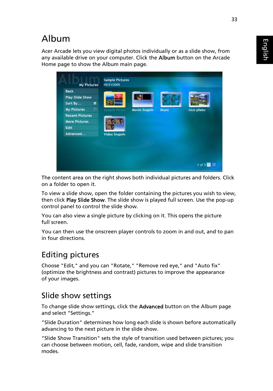 Album, Editing pictures, Slide show settings | Acer Aspire 1640 User Manual | Page 43 / 80