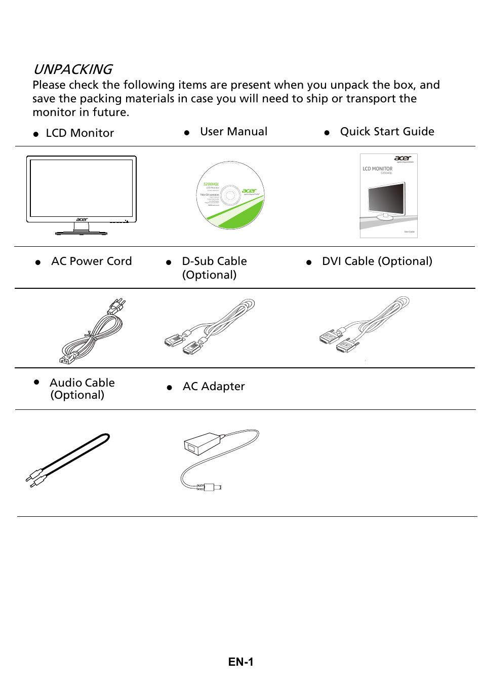 Unpacking, En-1, Lcd monitor | Ac power cord, D-sub cable (optional), Dvi cable (optional), Ac adapter audio cable (optional), User manual, Quick start guide | Acer S200HQL User Manual | Page 10 / 27