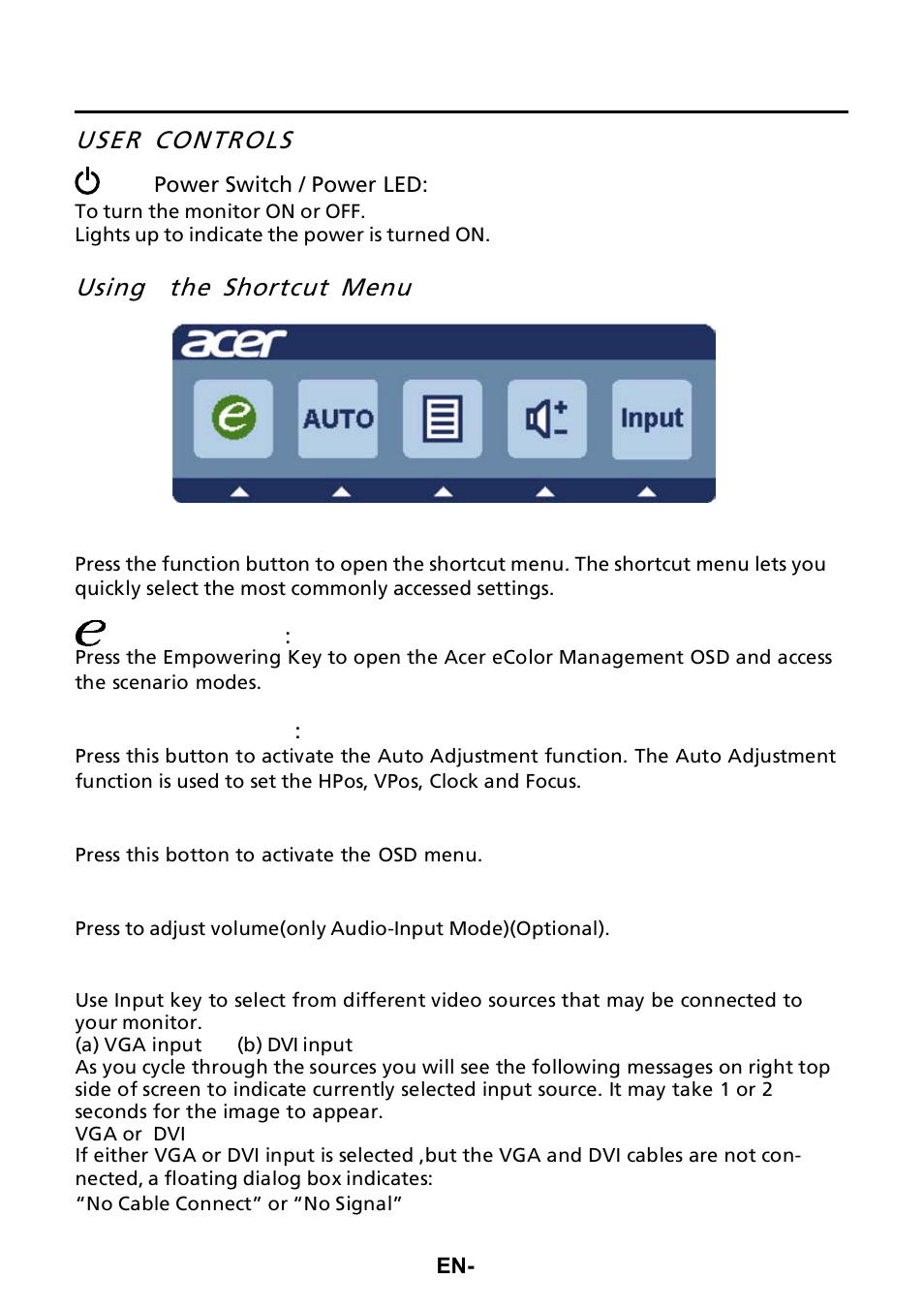 User controls, Using the shortcut menu | Acer S200HQL User Manual | Page 17 / 27