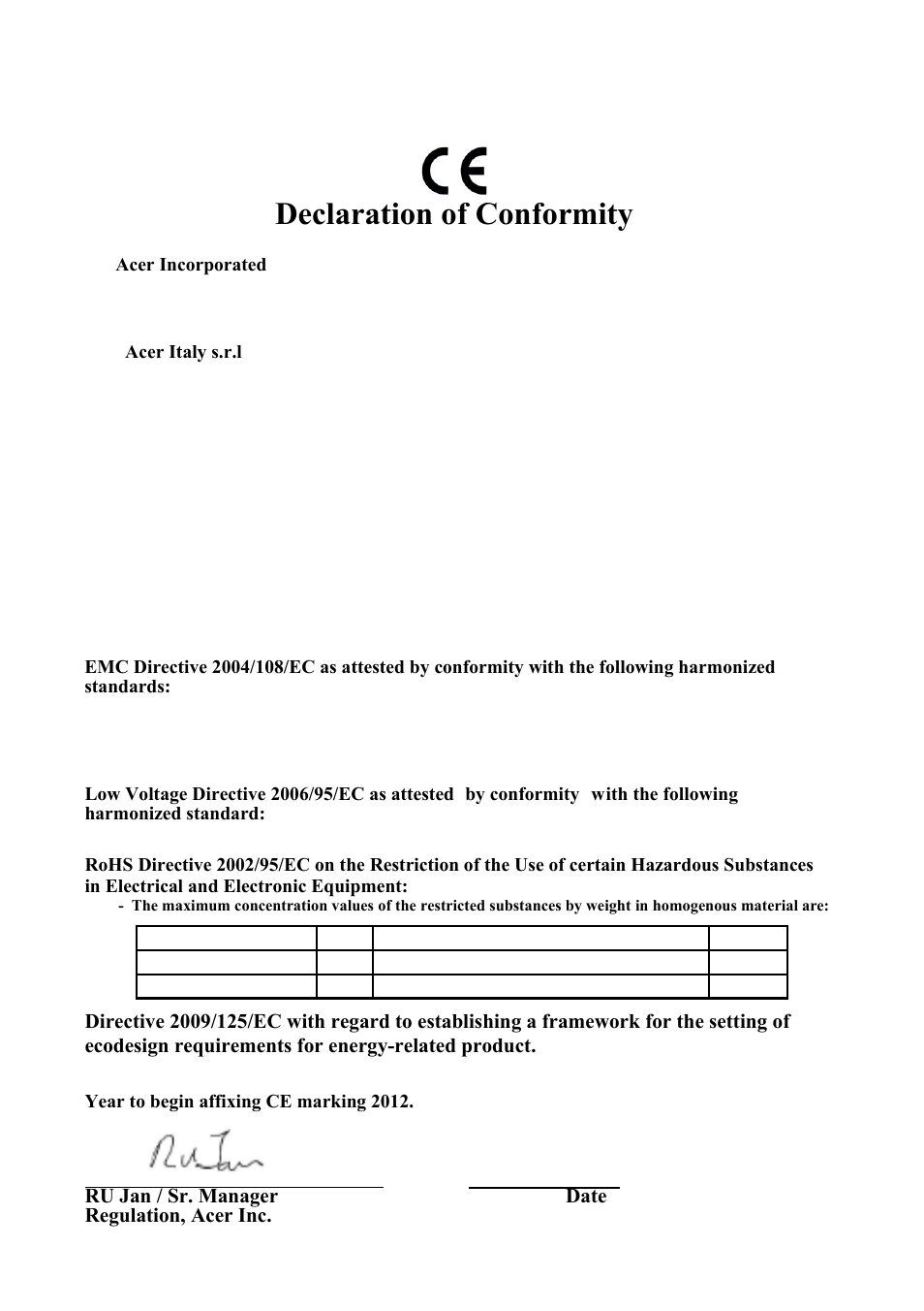 Declaration of conformity | Acer S200HQL User Manual | Page 25 / 27