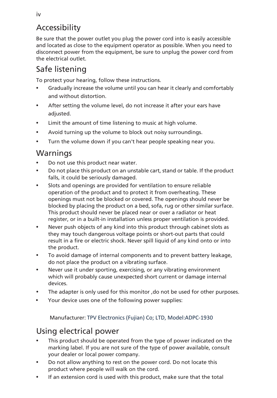 Accessibility, Safe listening, Warnings | Using electrical power | Acer S200HQL User Manual | Page 4 / 27