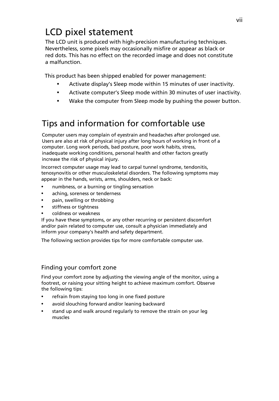 Lcd pixel statement, Tips and information for comfortable use | Acer S200HQL User Manual | Page 7 / 27