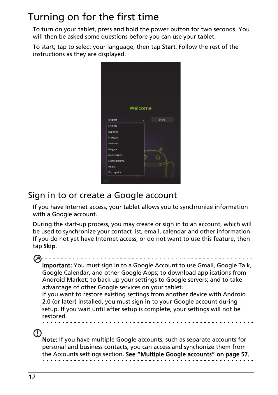 Turning on for the first time, Sign in to or create a google account | Acer A100 User Manual | Page 14 / 82