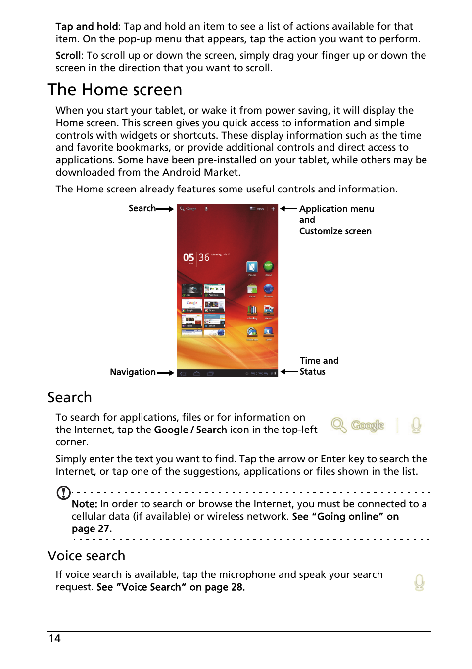 The home screen, Search, Voice search | Acer A100 User Manual | Page 16 / 82