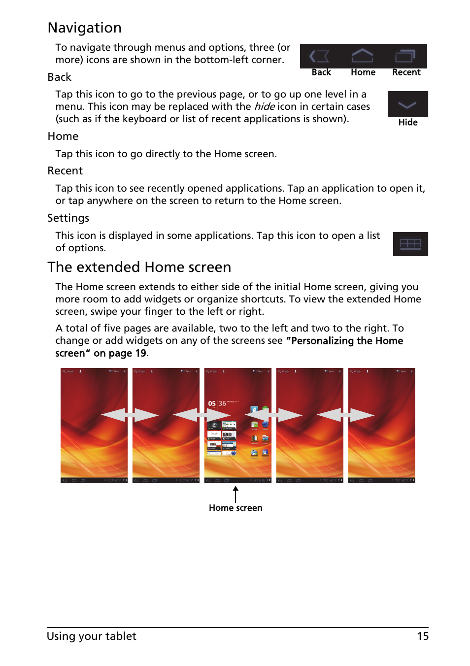 Navigation, The extended home screen | Acer A100 User Manual | Page 17 / 82