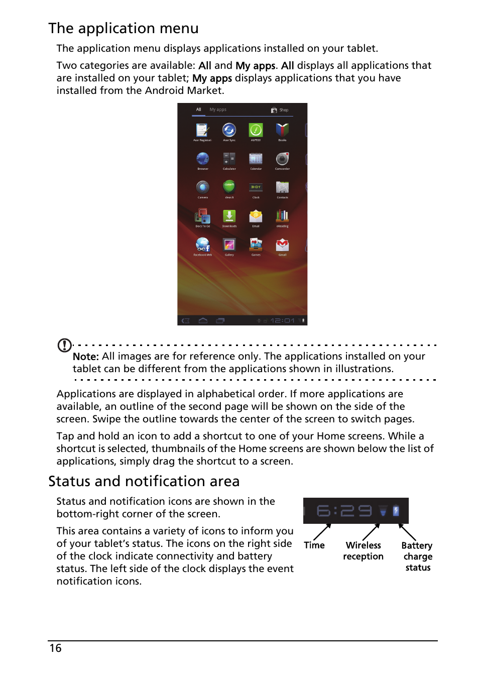 The application menu, Status and notification area | Acer A100 User Manual | Page 18 / 82