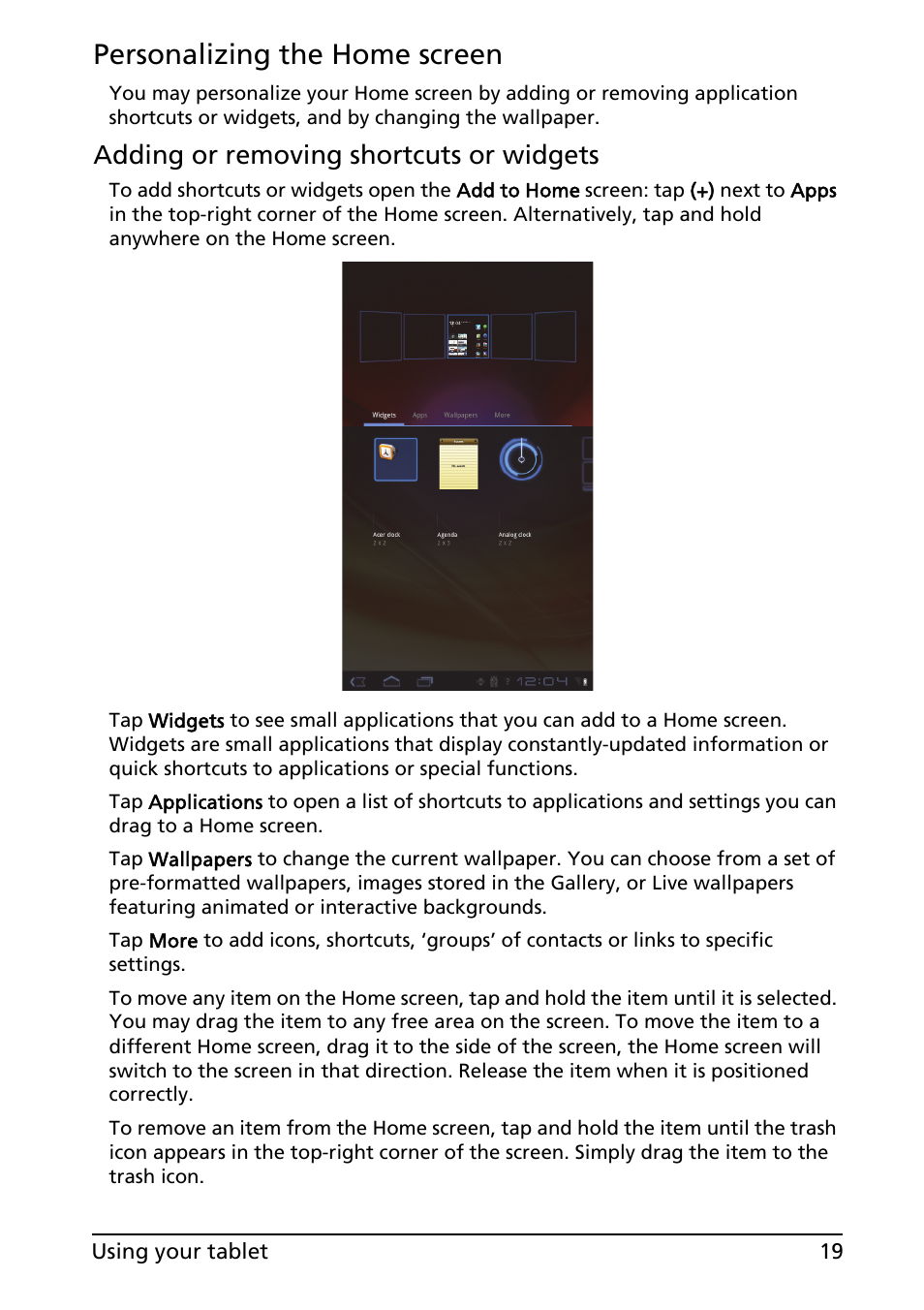 Personalizing the home screen, Adding or removing shortcuts or widgets | Acer A100 User Manual | Page 21 / 82