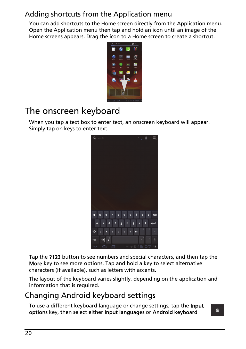 The onscreen keyboard, Changing android keyboard settings | Acer A100 User Manual | Page 22 / 82
