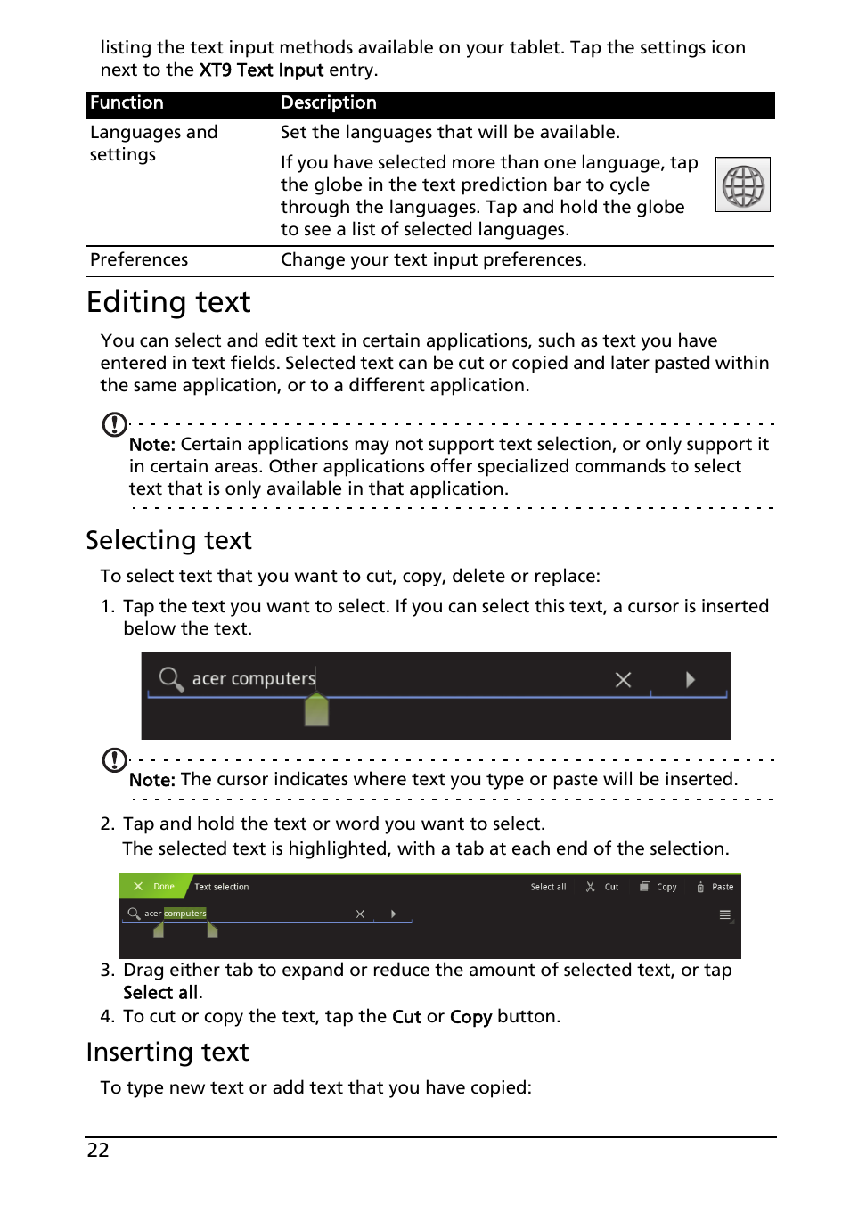 Editing text, Selecting text, Inserting text | Acer A100 User Manual | Page 24 / 82