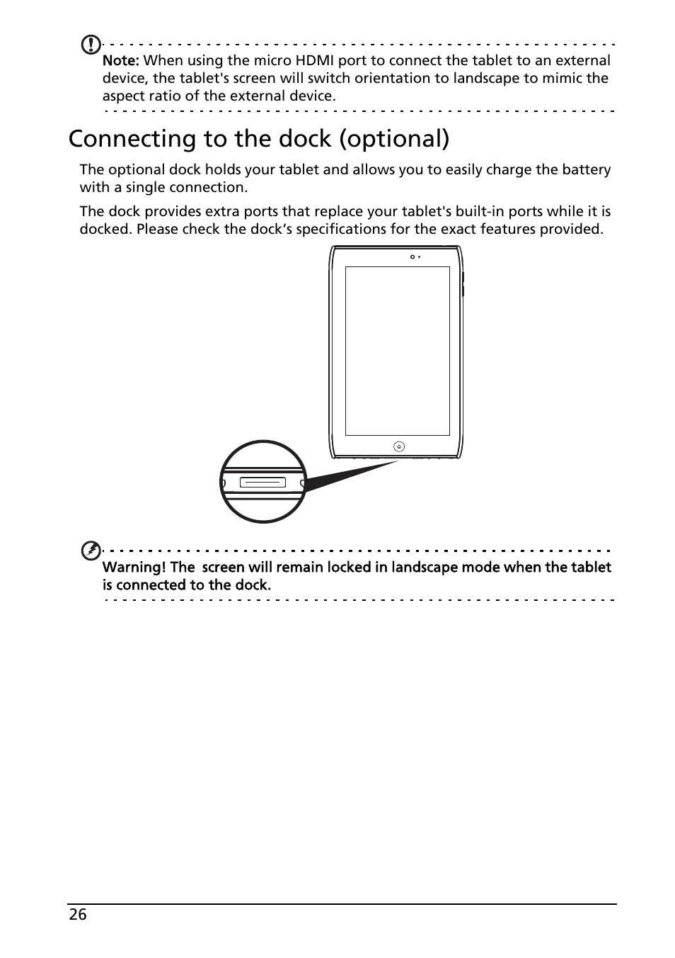Connecting to the dock (optional) | Acer A100 User Manual | Page 28 / 82