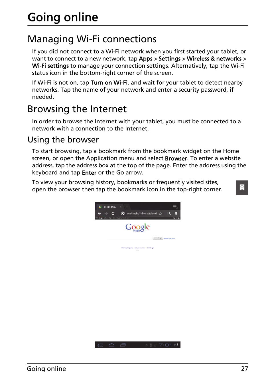 Going online, Managing wi-fi connections, Browsing the internet | Using the browser, Managing wi-fi connections browsing the internet | Acer A100 User Manual | Page 29 / 82