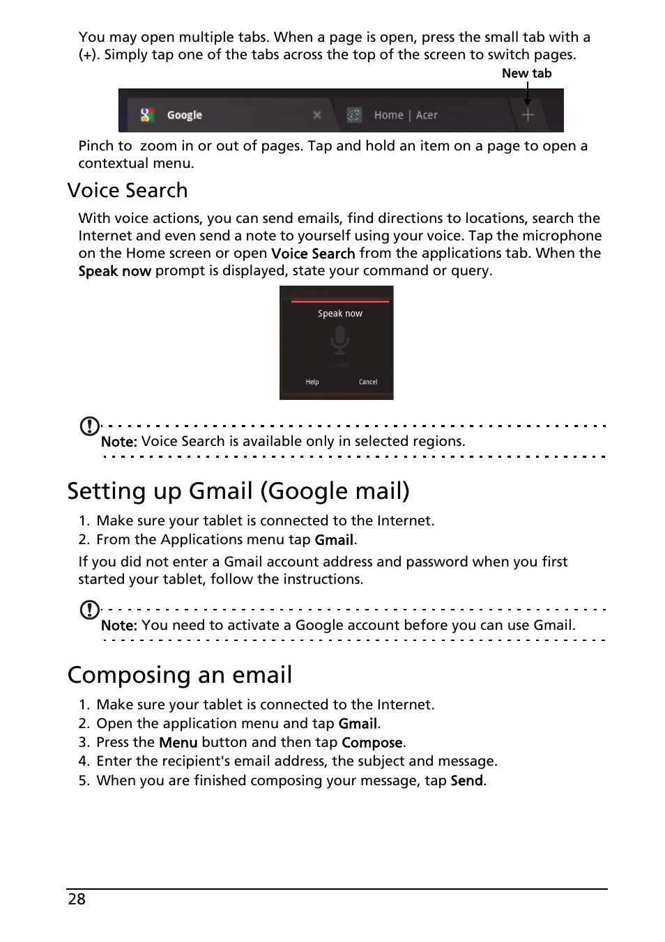 Voice search, Setting up gmail (google mail), Composing an email | Setting up gmail (google mail) composing an email | Acer A100 User Manual | Page 30 / 82