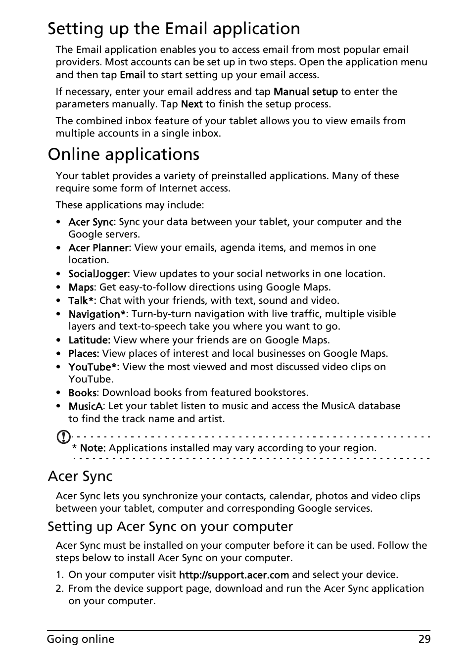 Setting up the email application, Online applications, Acer sync | Setting up acer sync on your computer | Acer A100 User Manual | Page 31 / 82