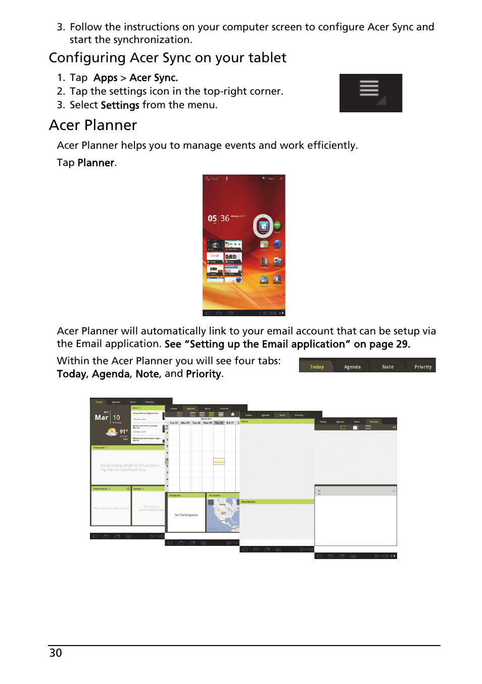 Acer planner, Configuring acer sync on your tablet | Acer A100 User Manual | Page 32 / 82