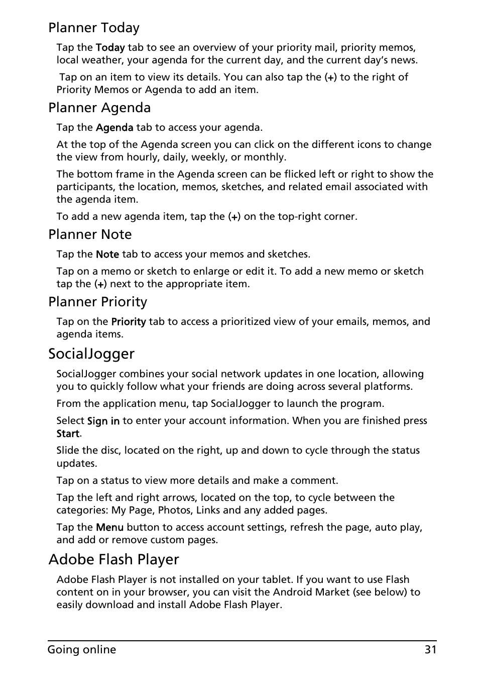 Socialjogger, Adobe flash player | Acer A100 User Manual | Page 33 / 82
