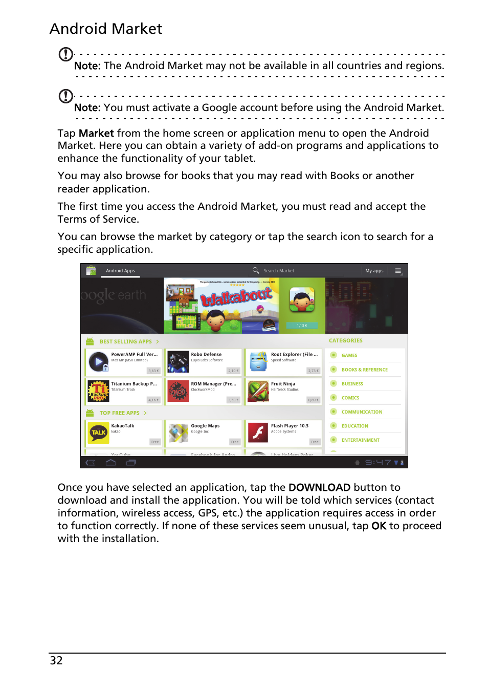 Android market | Acer A100 User Manual | Page 34 / 82