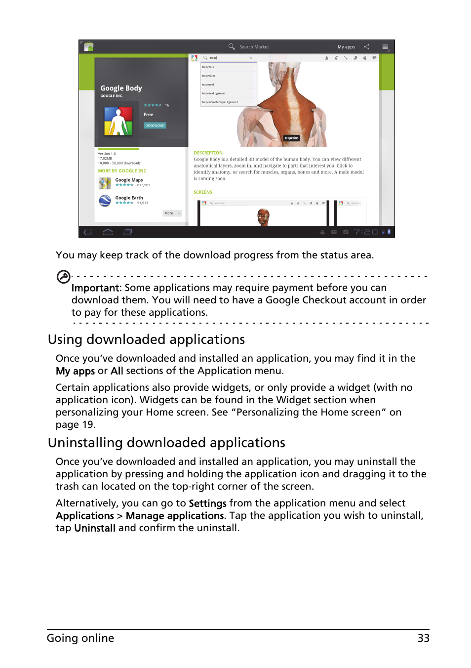 Using downloaded applications, Uninstalling downloaded applications | Acer A100 User Manual | Page 35 / 82