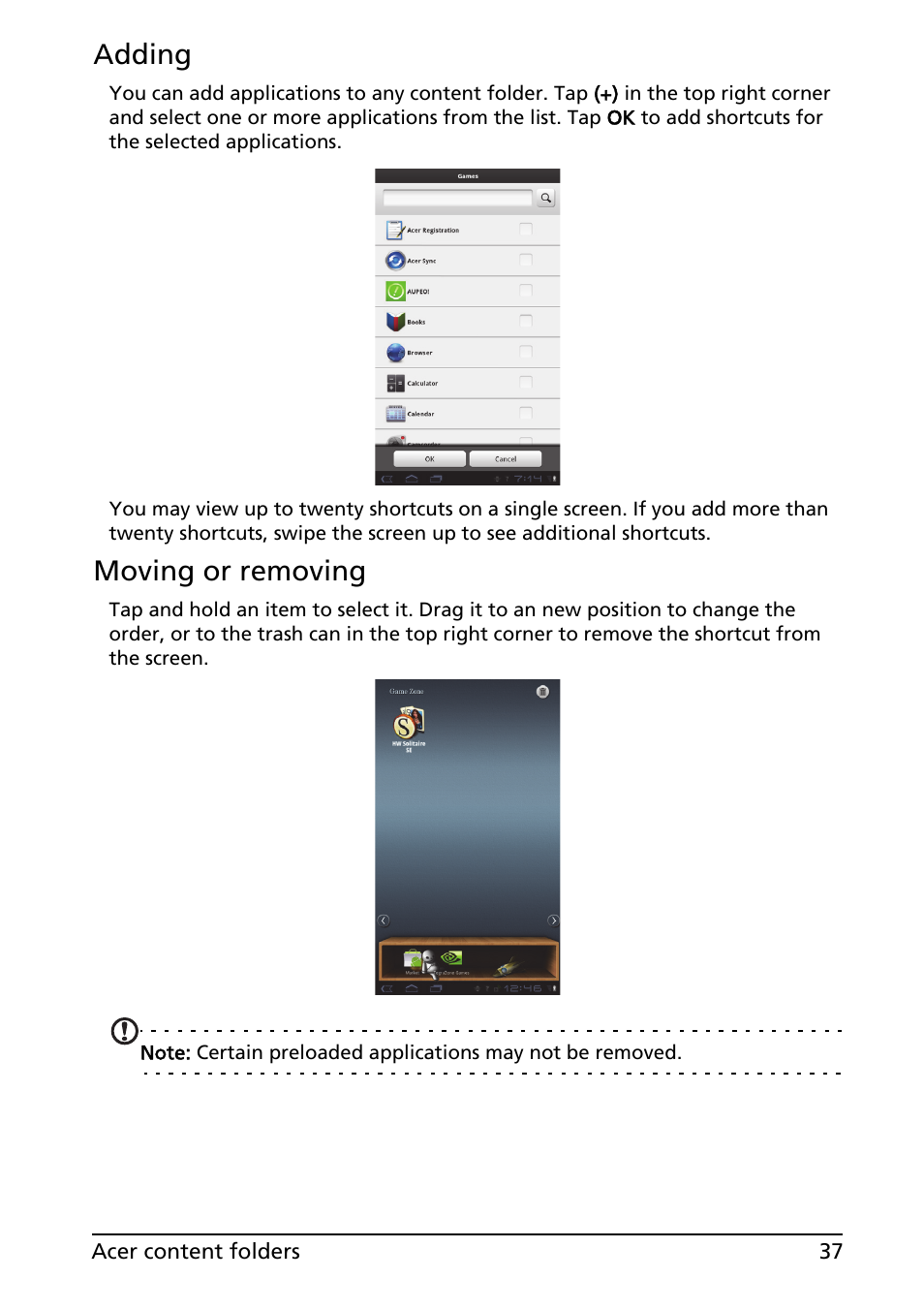 Adding, Moving or removing | Acer A100 User Manual | Page 39 / 82