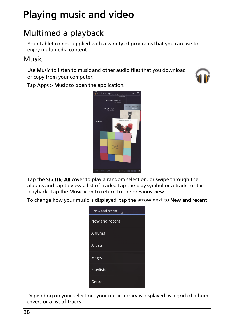 Playing music and video, Multimedia playback, Music | Acer A100 User Manual | Page 40 / 82