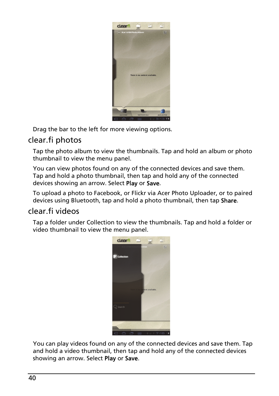 Clear.fi photos, Clear.fi videos | Acer A100 User Manual | Page 42 / 82