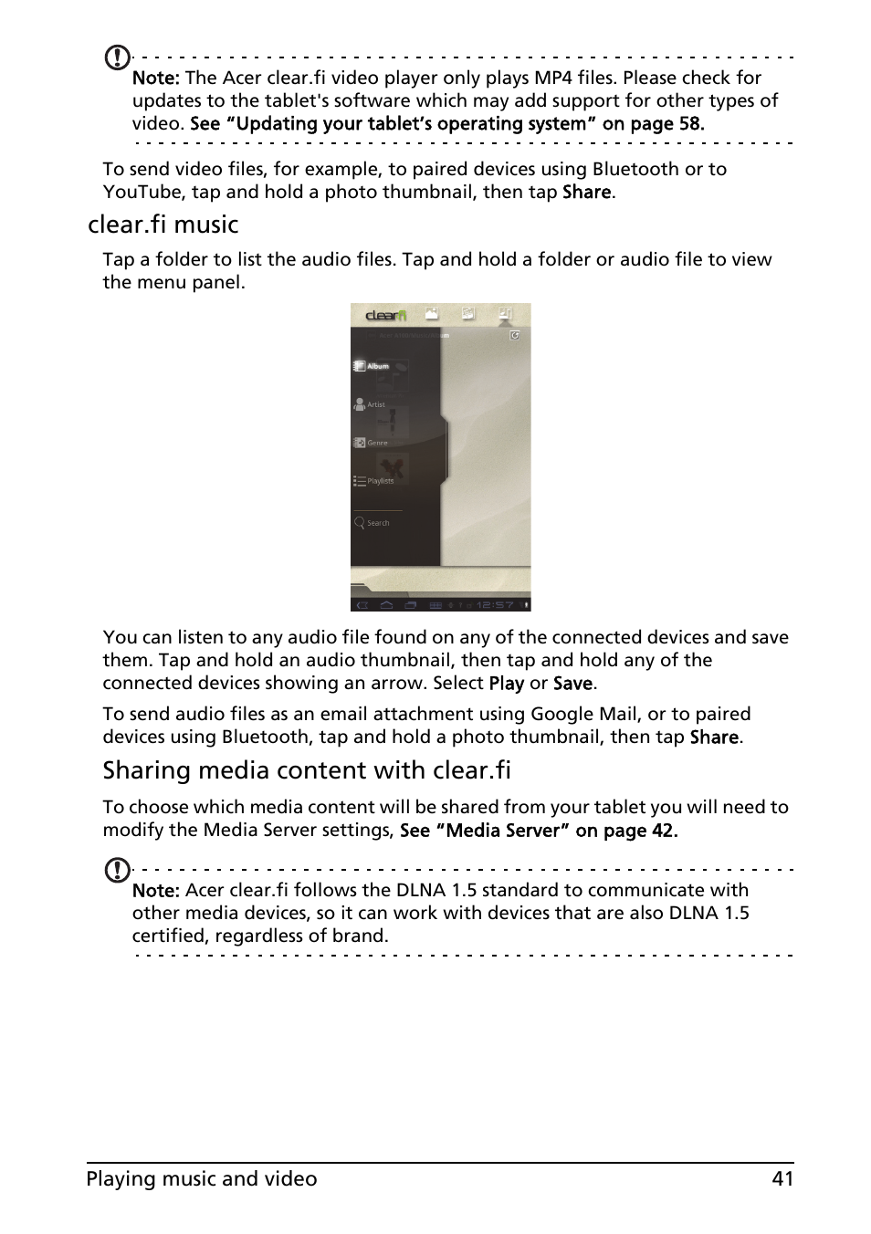 Clear.fi music, Sharing media content with clear.fi | Acer A100 User Manual | Page 43 / 82