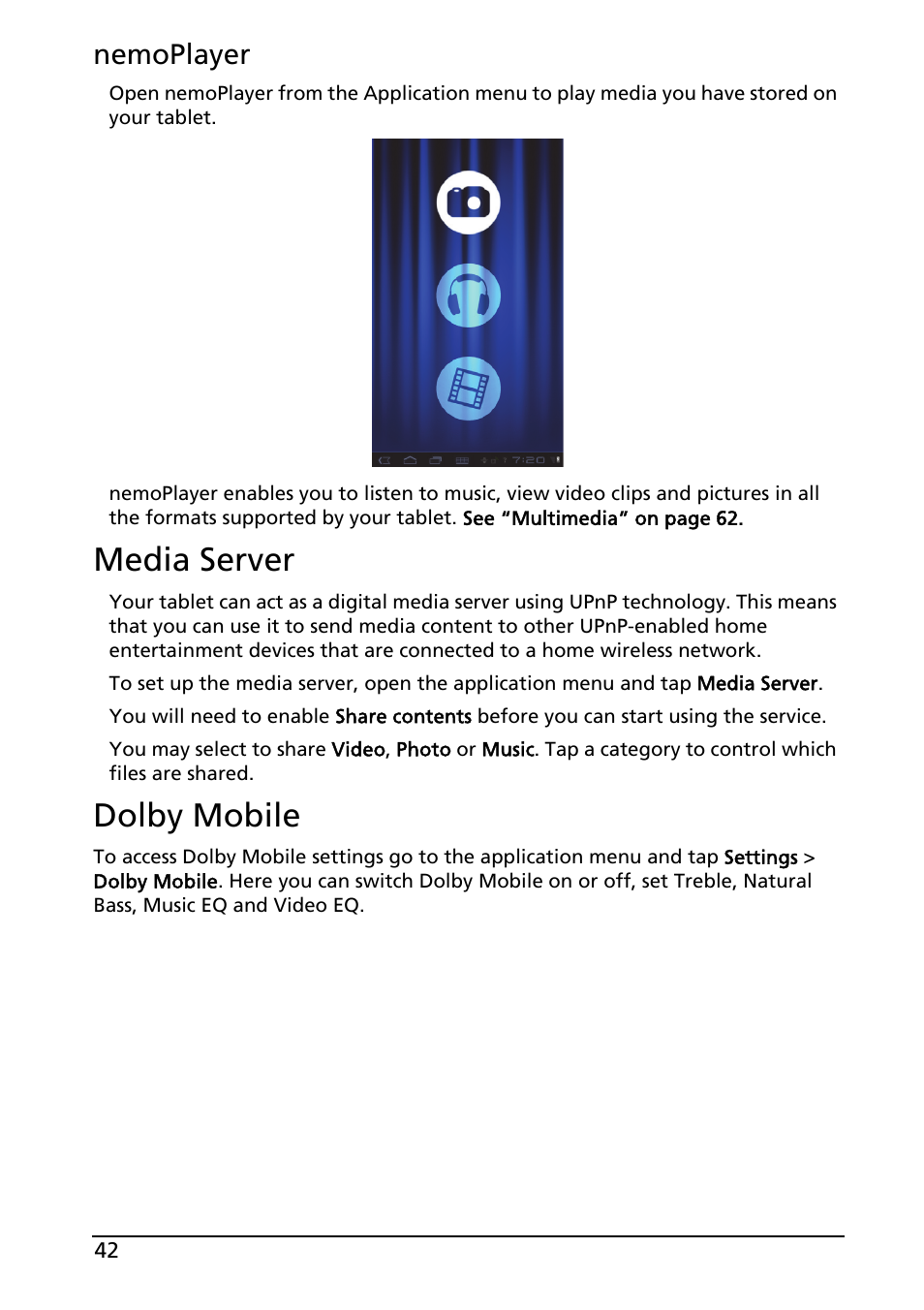 Nemoplayer, Media server, Dolby mobile | Media server dolby mobile | Acer A100 User Manual | Page 44 / 82