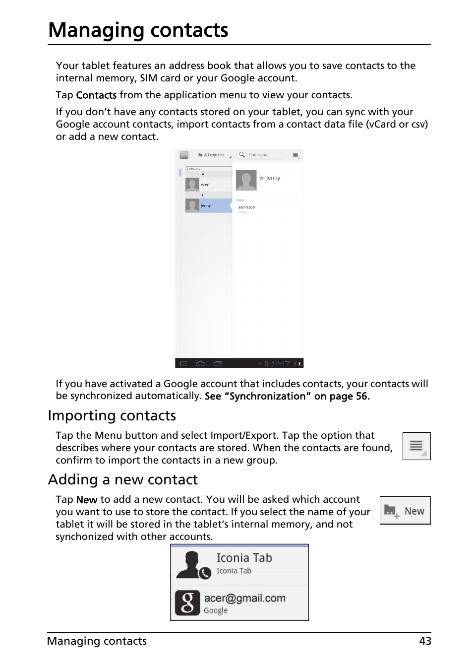 Managing contacts, Importing contacts, Adding a new contact | Acer A100 User Manual | Page 45 / 82