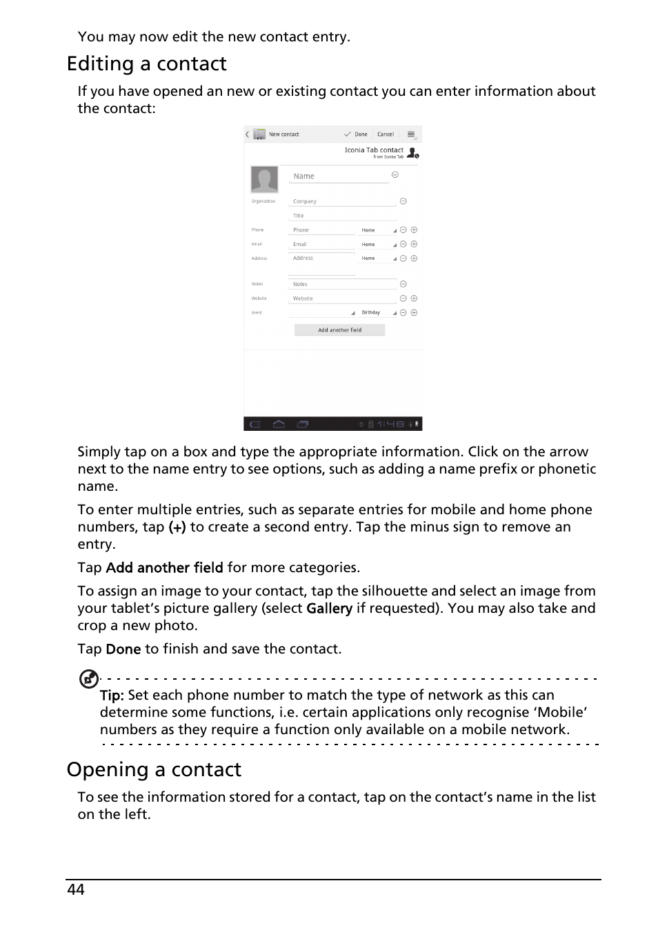 Editing a contact, Opening a contact | Acer A100 User Manual | Page 46 / 82