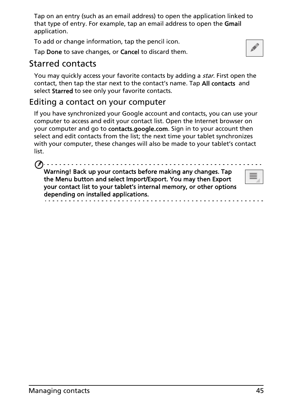 Starred contacts, Editing a contact on your computer | Acer A100 User Manual | Page 47 / 82