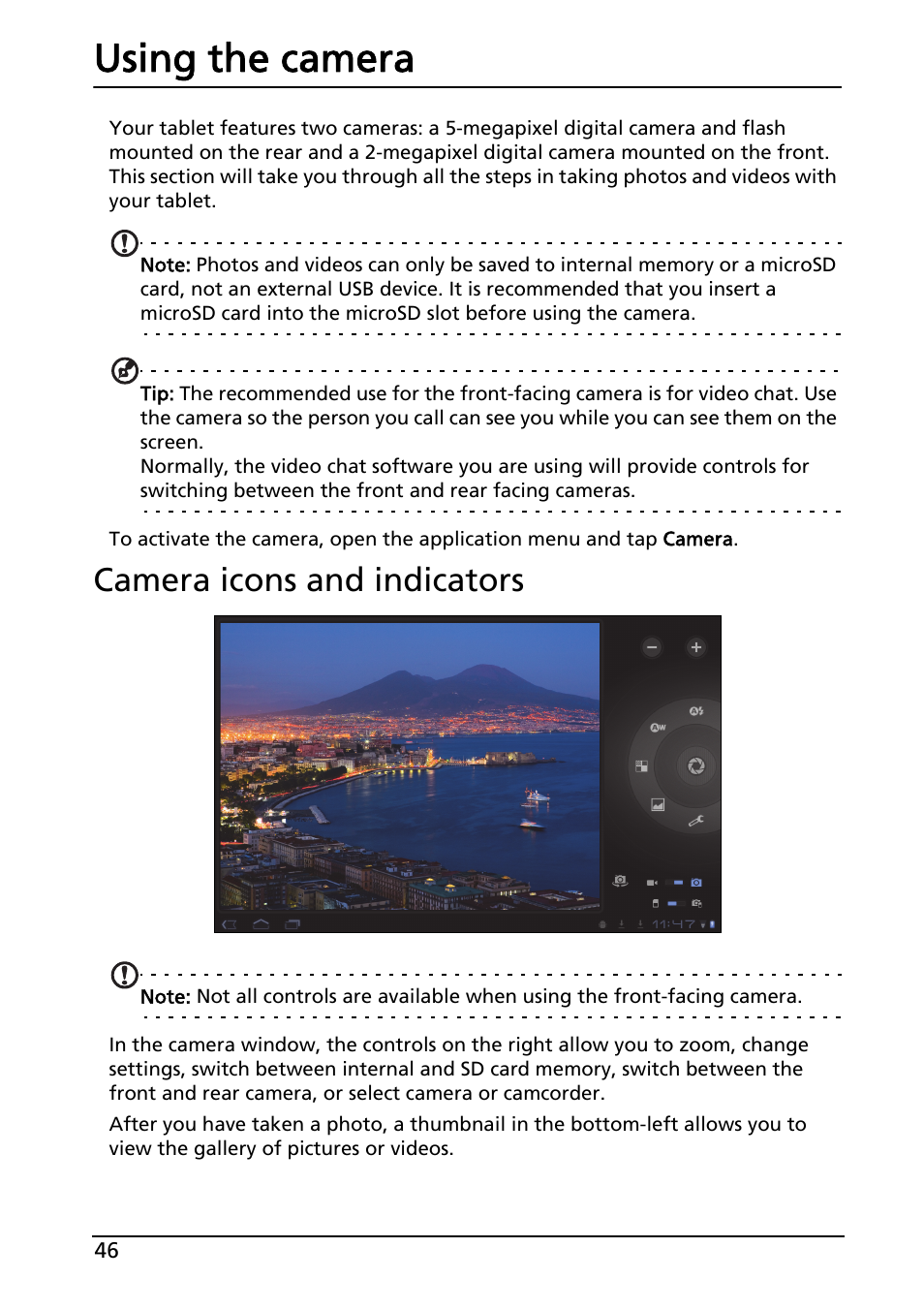 Using the camera, Camera icons and indicators | Acer A100 User Manual | Page 48 / 82