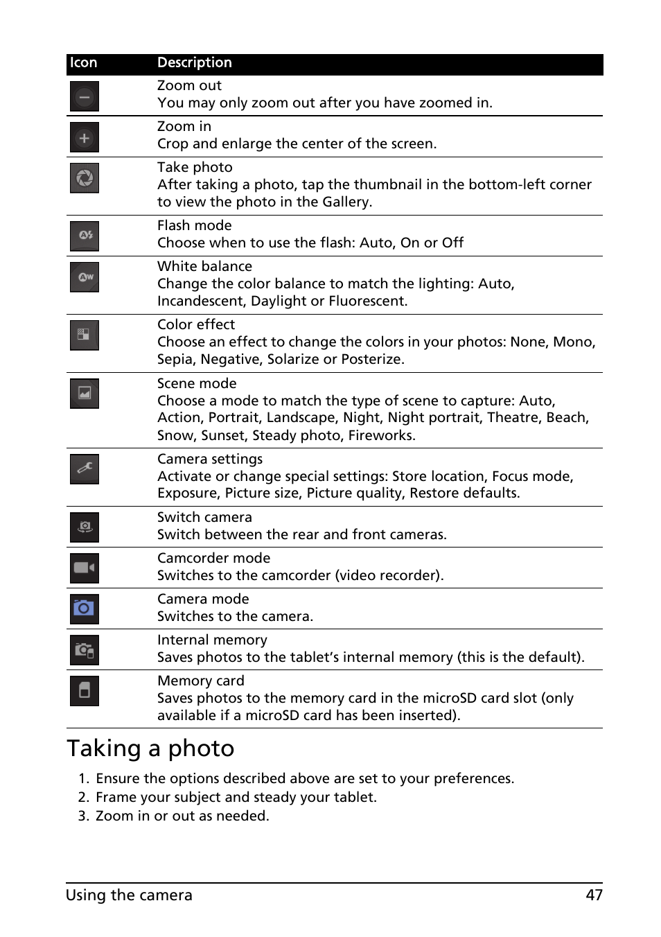 Taking a photo | Acer A100 User Manual | Page 49 / 82