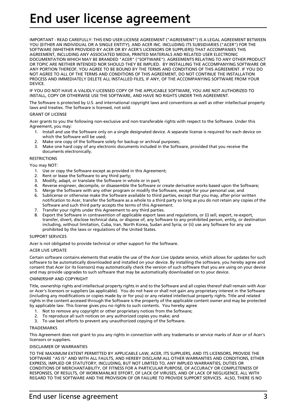 End user license agreement, 3end user license agreement | Acer A100 User Manual | Page 5 / 82