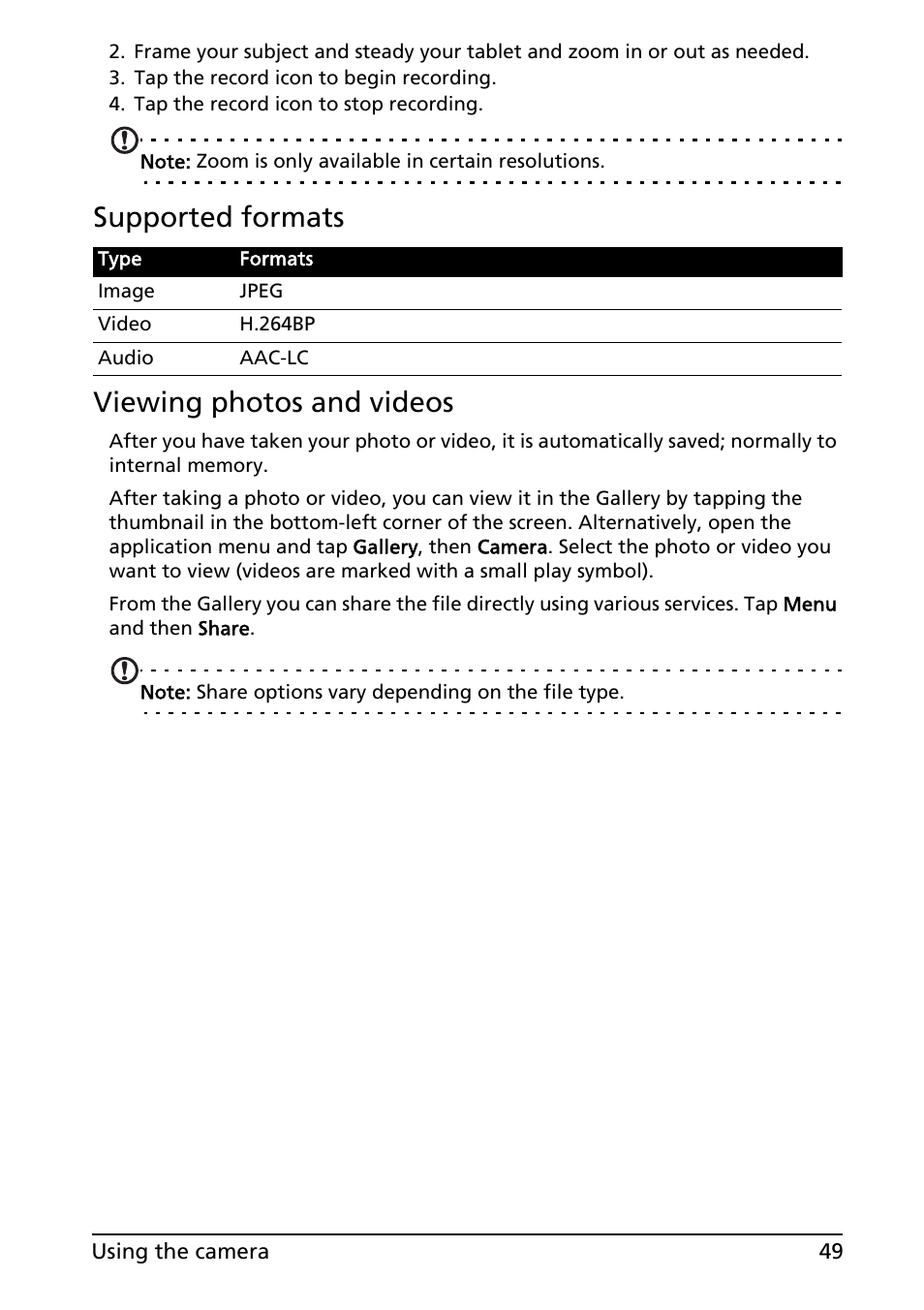 Supported formats, Viewing photos and videos, Supported formats viewing photos and videos | Acer A100 User Manual | Page 51 / 82