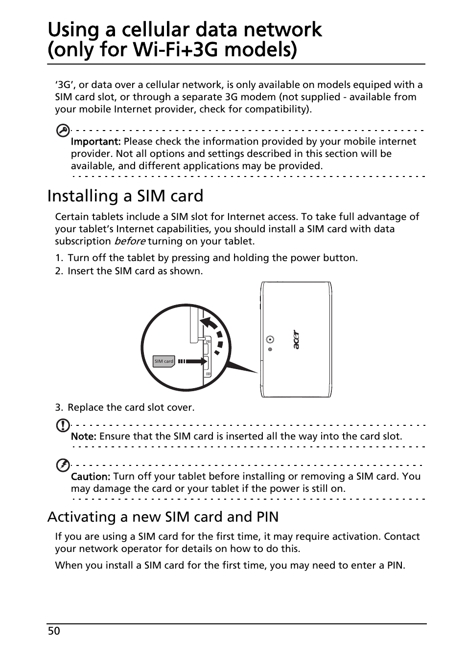 Installing a sim card, Activating a new sim card and pin | Acer A100 User Manual | Page 52 / 82