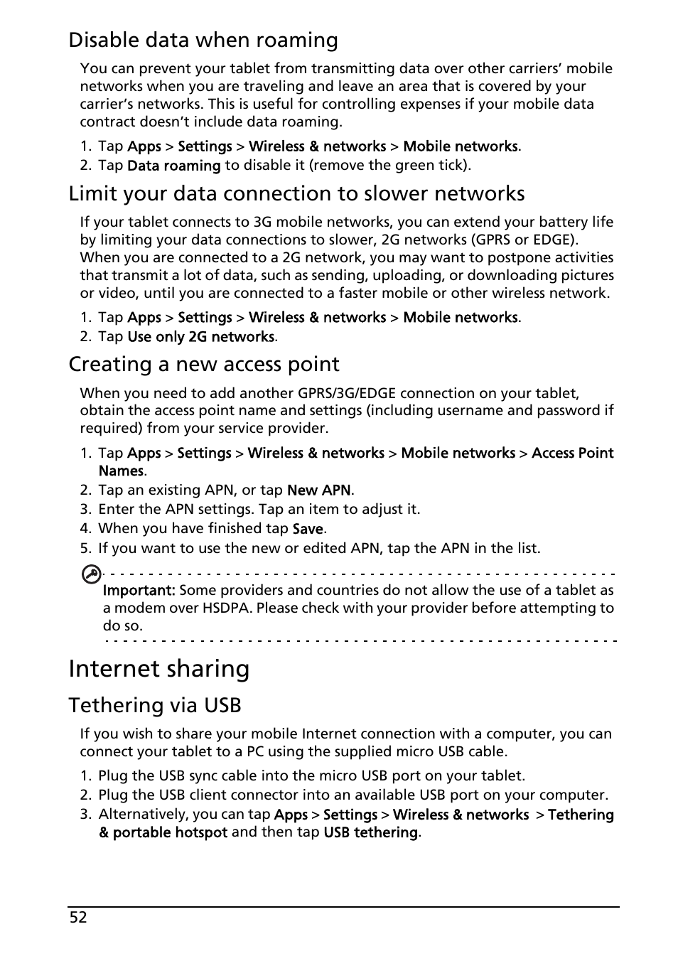 Disable data when roaming, Limit your data connection to slower networks, Creating a new access point | Internet sharing, Tethering via usb | Acer A100 User Manual | Page 54 / 82