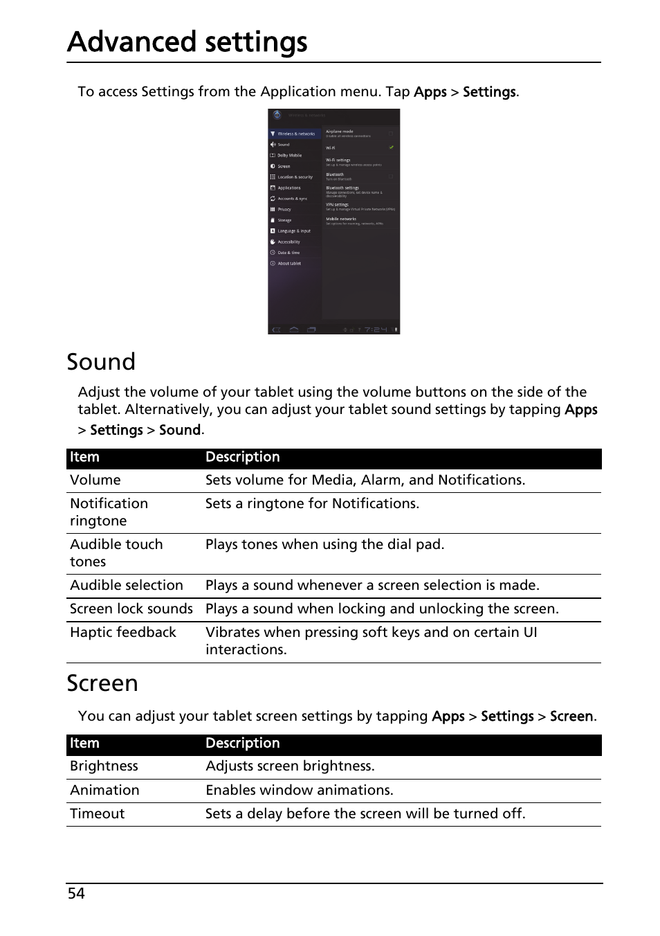 Advanced settings, Sound, Screen | Sound screen | Acer A100 User Manual | Page 56 / 82