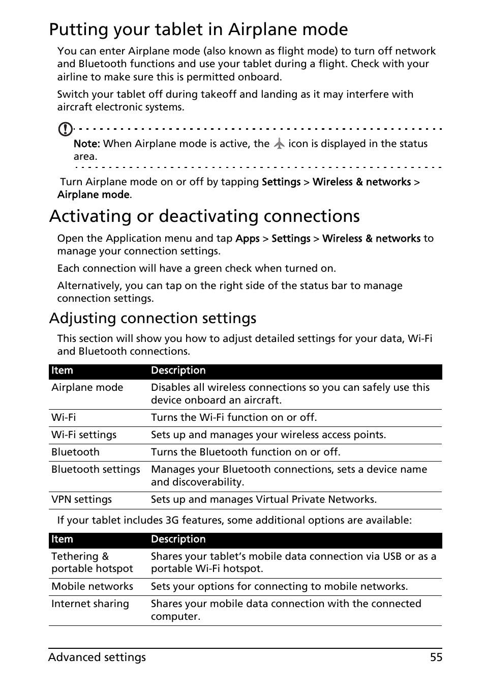 Putting your tablet in airplane mode, Activating or deactivating connections, Adjusting connection settings | Acer A100 User Manual | Page 57 / 82