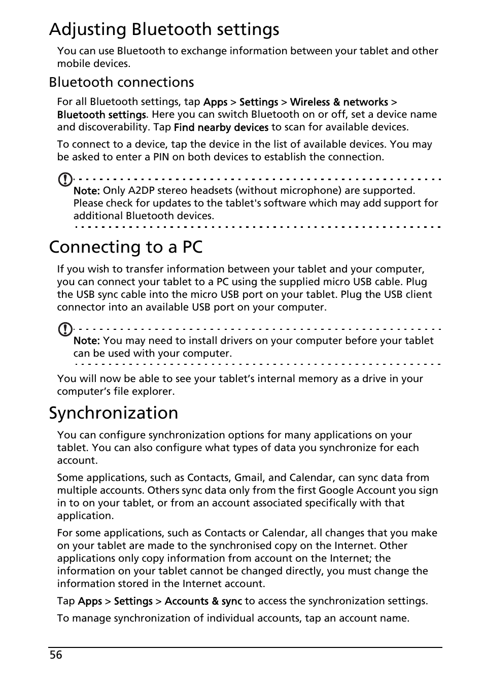 Adjusting bluetooth settings, Connecting to a pc, Synchronization | Acer A100 User Manual | Page 58 / 82