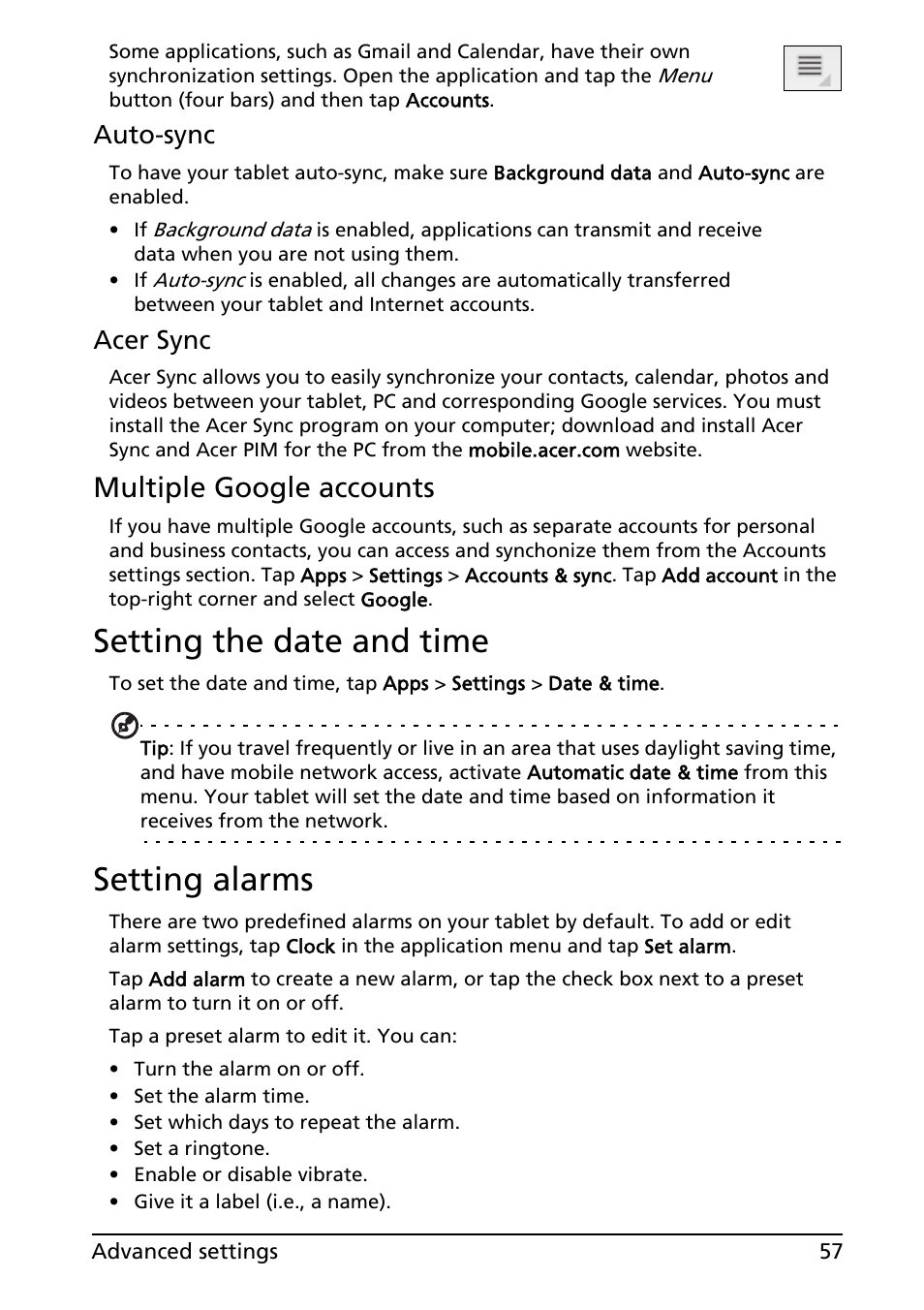 Multiple google accounts, Setting the date and time, Setting alarms | Setting the date and time setting alarms, Auto-sync, Acer sync | Acer A100 User Manual | Page 59 / 82