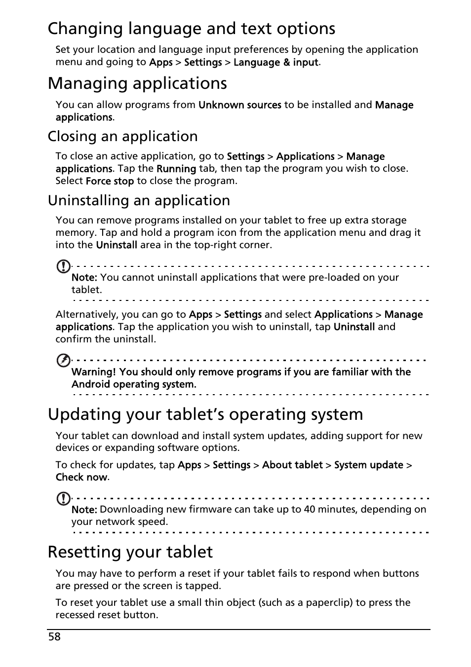 Changing language and text options, Managing applications, Closing an application | Uninstalling an application, Updating your tablet’s operating system, Resetting your tablet | Acer A100 User Manual | Page 60 / 82