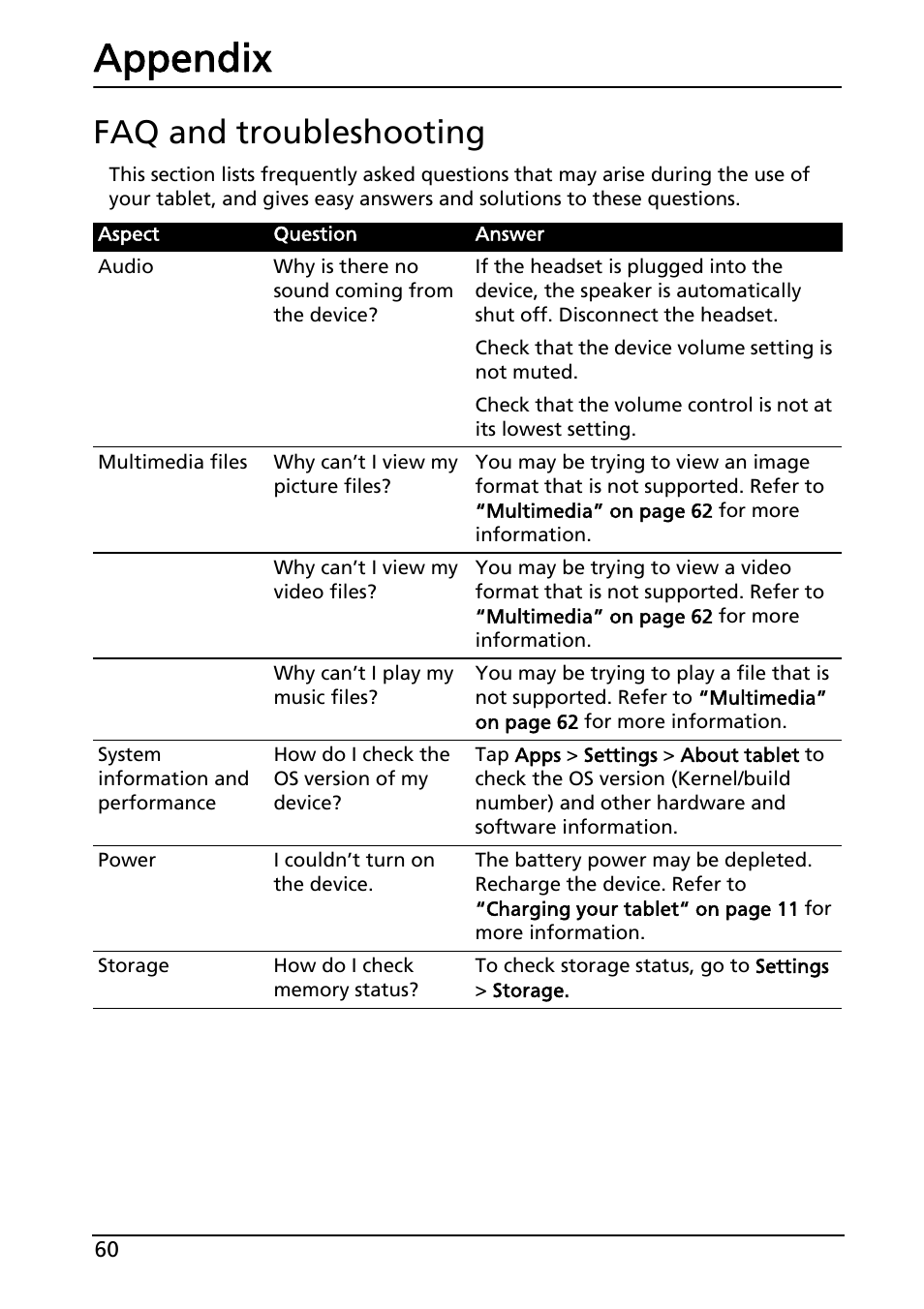 Appendix, Faq and troubleshooting | Acer A100 User Manual | Page 62 / 82