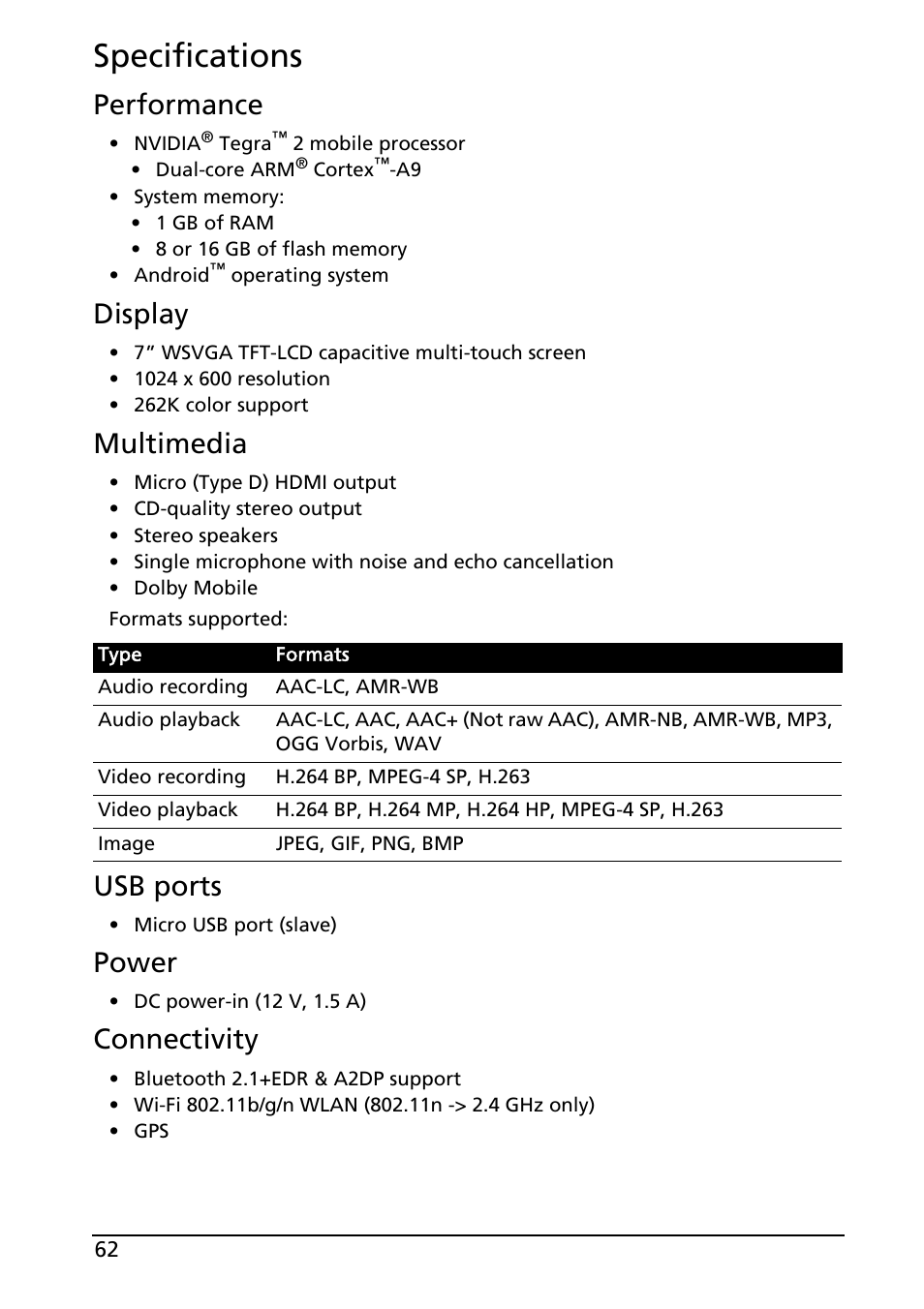 Specifications, Performance, Display | Multimedia, Usb ports, Power, Connectivity | Acer A100 User Manual | Page 64 / 82