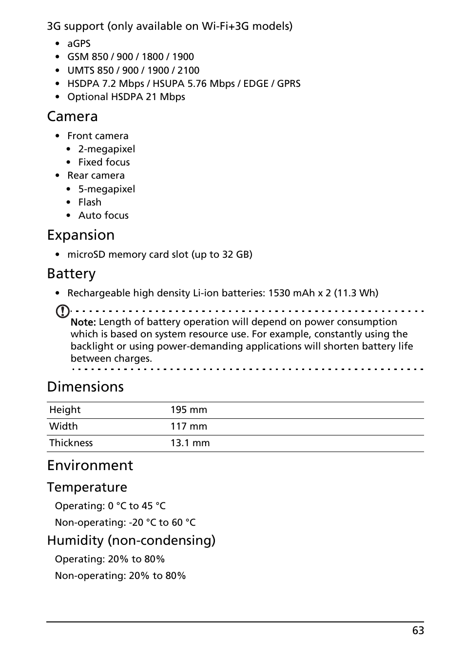 Camera, Expansion, Battery | Dimensions, Environment, Dimensions environment, Temperature, Humidity (non-condensing) | Acer A100 User Manual | Page 65 / 82