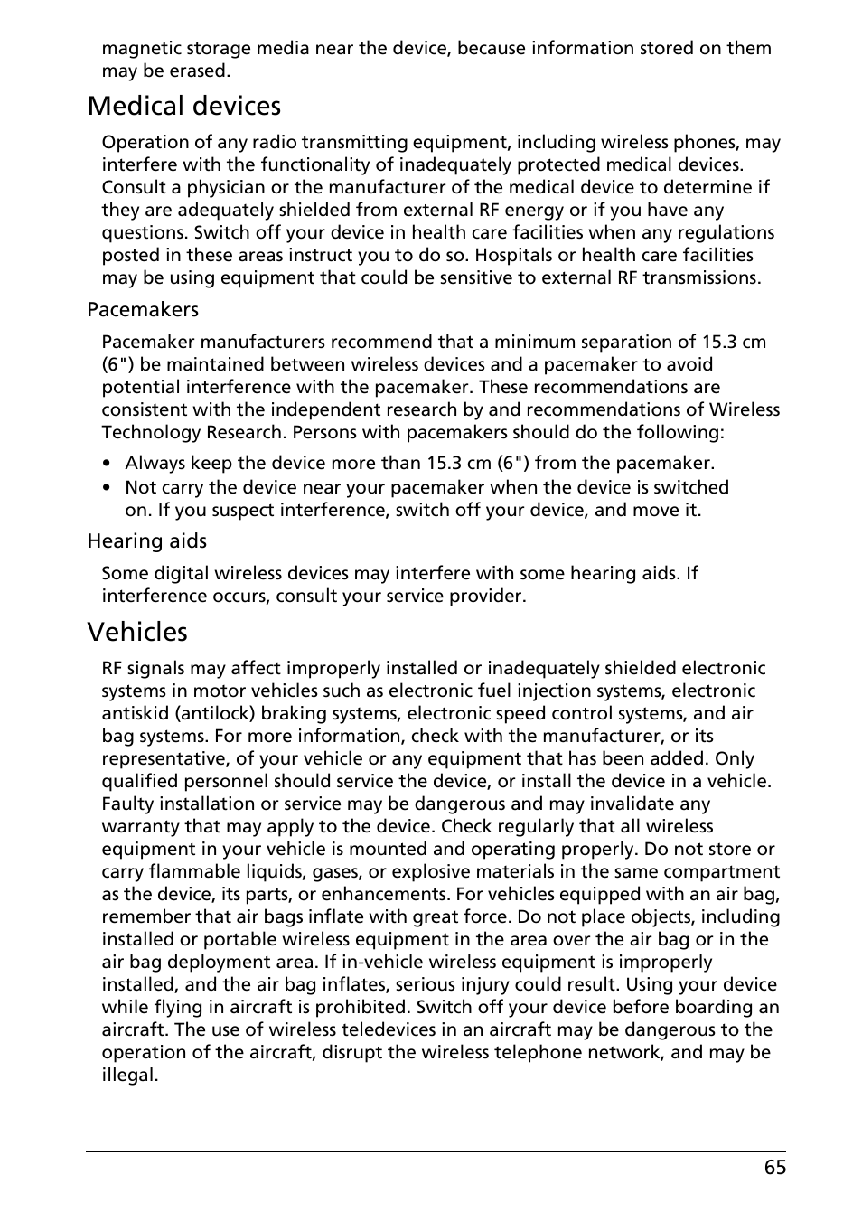 Medical devices, Vehicles | Acer A100 User Manual | Page 67 / 82