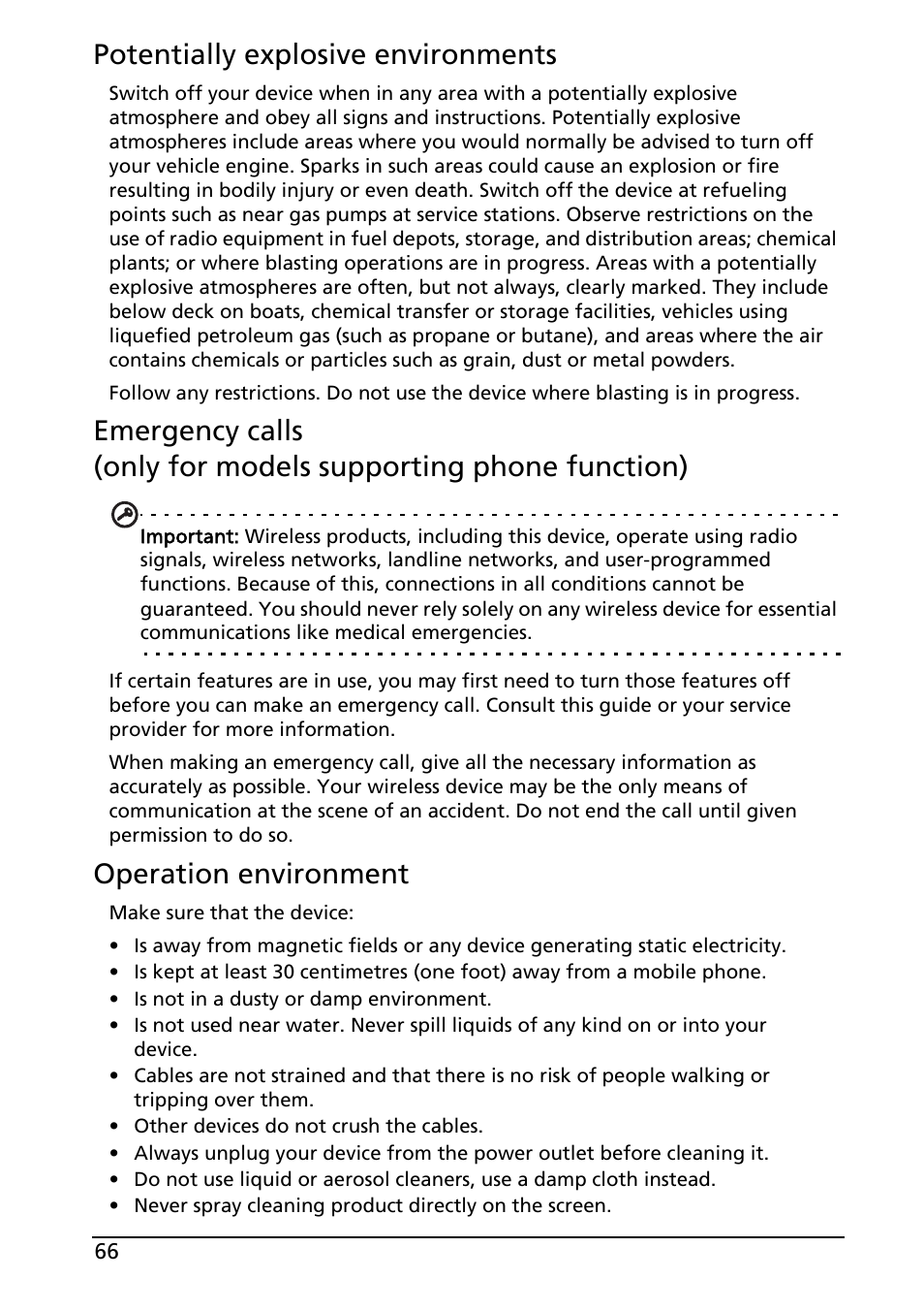 Potentially explosive environments, Operation environment | Acer A100 User Manual | Page 68 / 82