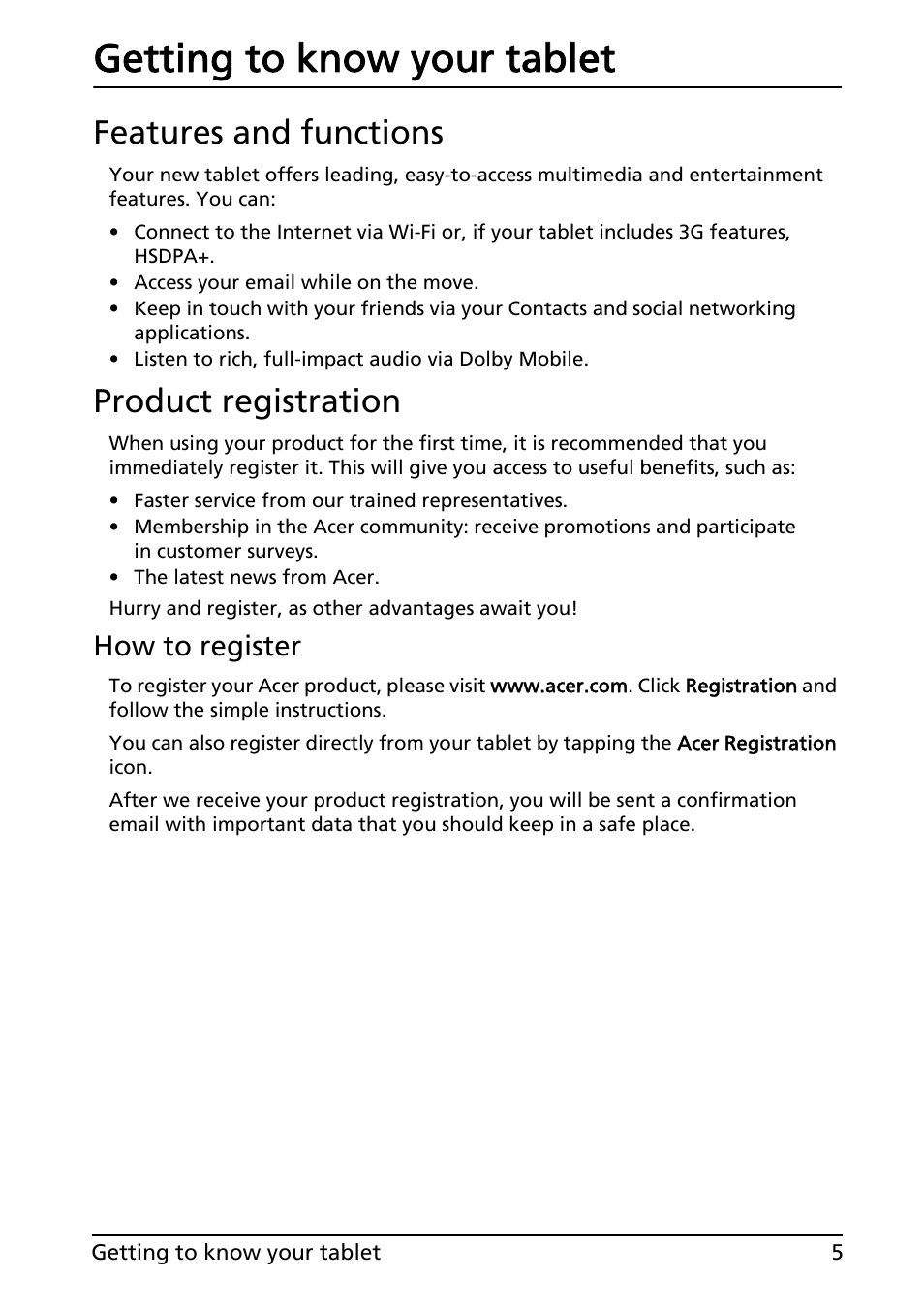 Getting to know your tablet, Features and functions, Product registration | How to register, Features and functions product registration | Acer A100 User Manual | Page 7 / 82