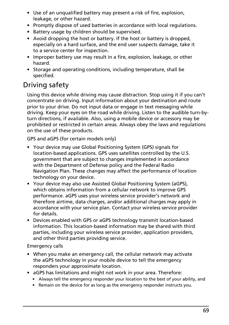 Driving safety | Acer A100 User Manual | Page 71 / 82